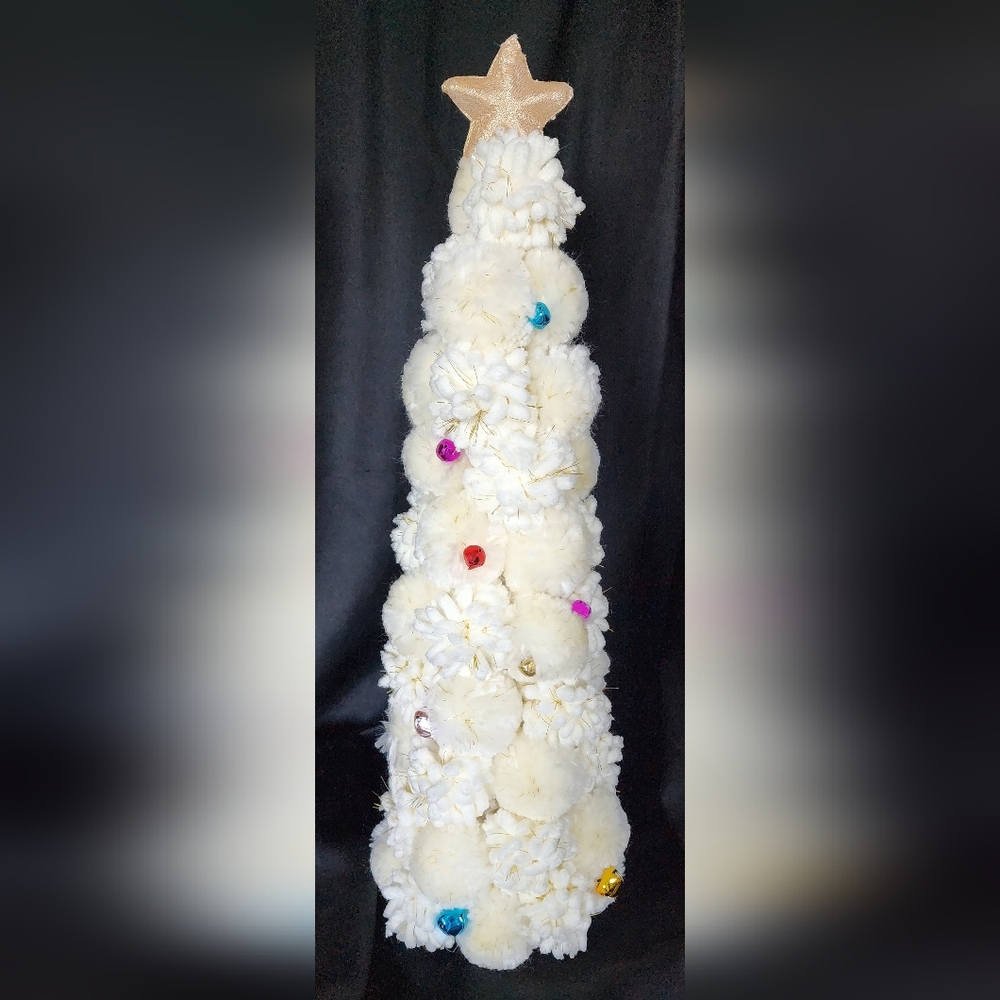 Soft White Puffy Snowball Christmas Tree Table Top Topiary Jingle Bells